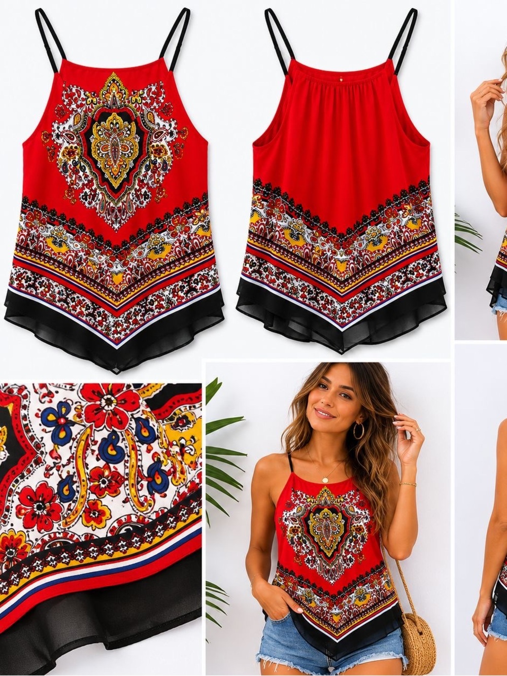 A. Byer Red Paisley Handkerchief Hem Halter Cami